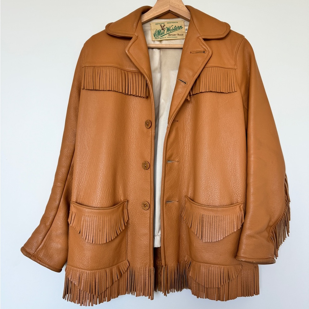 Vintage 70s Western Style Leather Brown Cognac Jacket with Fringe